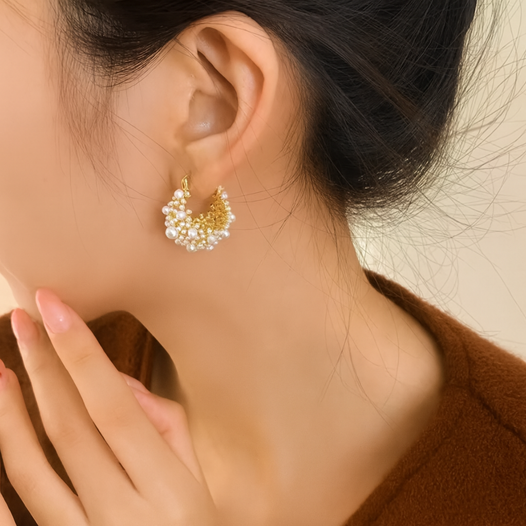 Pearl Cluster Hoop Earrings